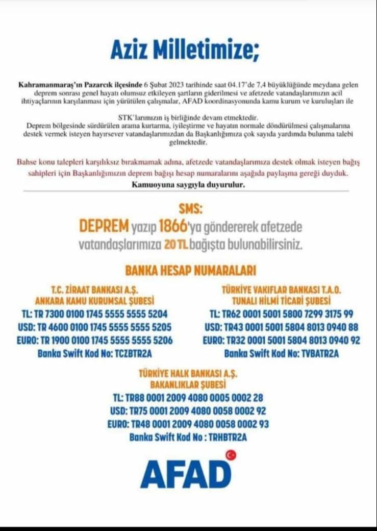 Deprem Bağış Hesapları 